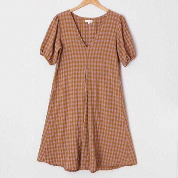 Reminiscence Gingham Plaid Seersucker Puff Short Sleeves Flared Dress Mini Tan - Picture 2 of 13